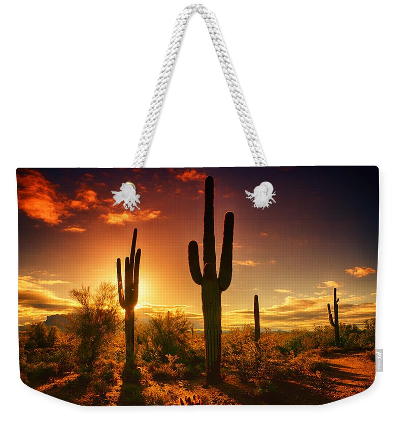 Saguaro Sunrise Weekender Tote Bag featuring the photograph The Desert Awakens by Saija Lehtonen