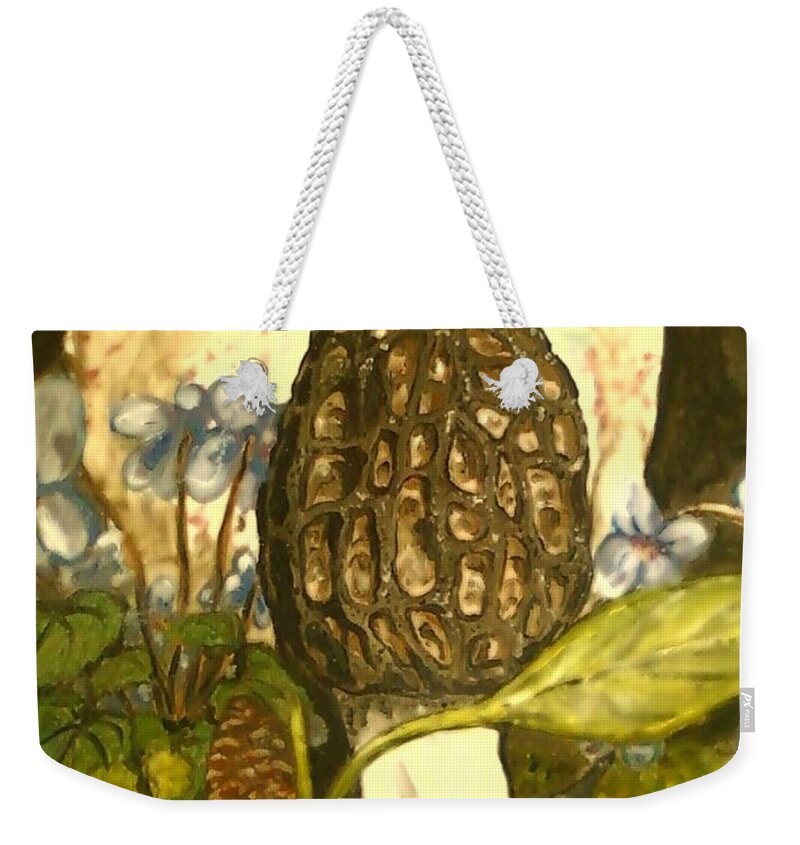 Morel Weekender Tote Bag featuring the painting The Elusive Morel Among Violets by Alexandria Weaselwise Busen