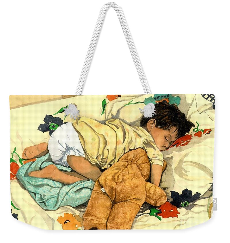 Child Weekender Tote Bag featuring the painting The End - Andy and Bear-Bear by Barbara Jewell