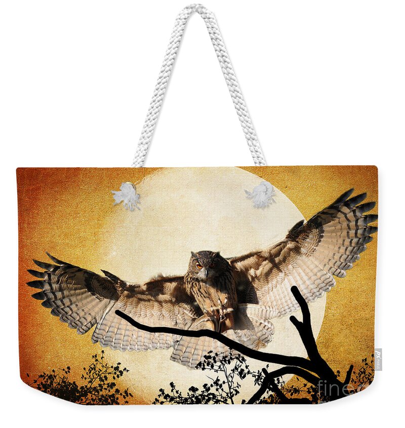 Textures Weekender Tote Bag featuring the photograph The Eurasian Eagle Owl And The Moon by Kathy Baccari