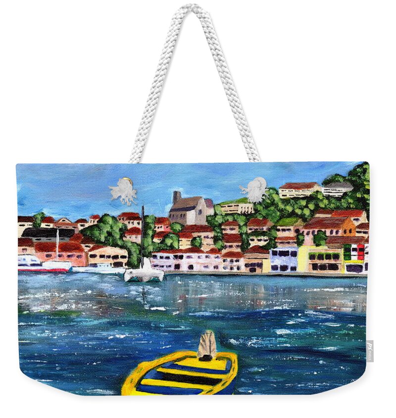 Grenada W.i. Weekender Tote Bag featuring the painting The Fishing Boat by Laura Forde