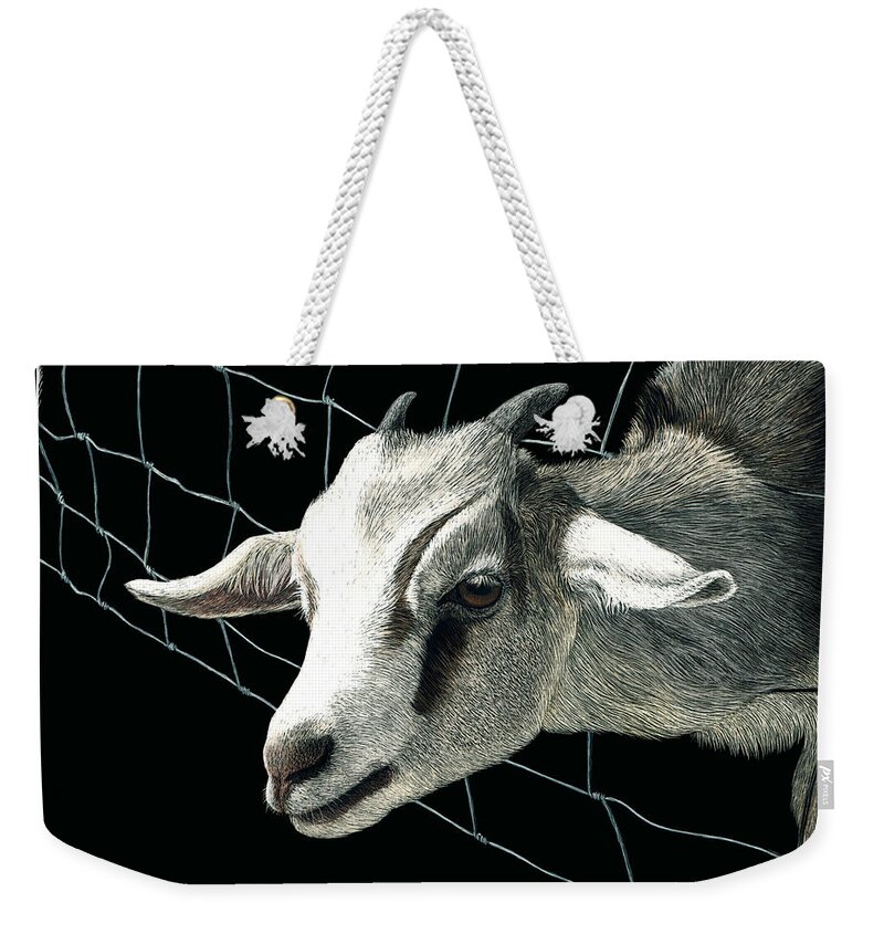 Goat Weekender Tote Bag featuring the drawing The Grass is Always Greener by Ann Ranlett