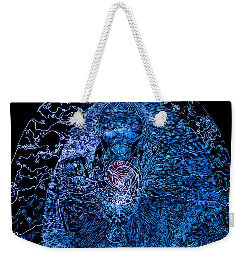 Cosmism Weekender Tote Bag featuring the painting The Great Amma in black light by Lola Lonli