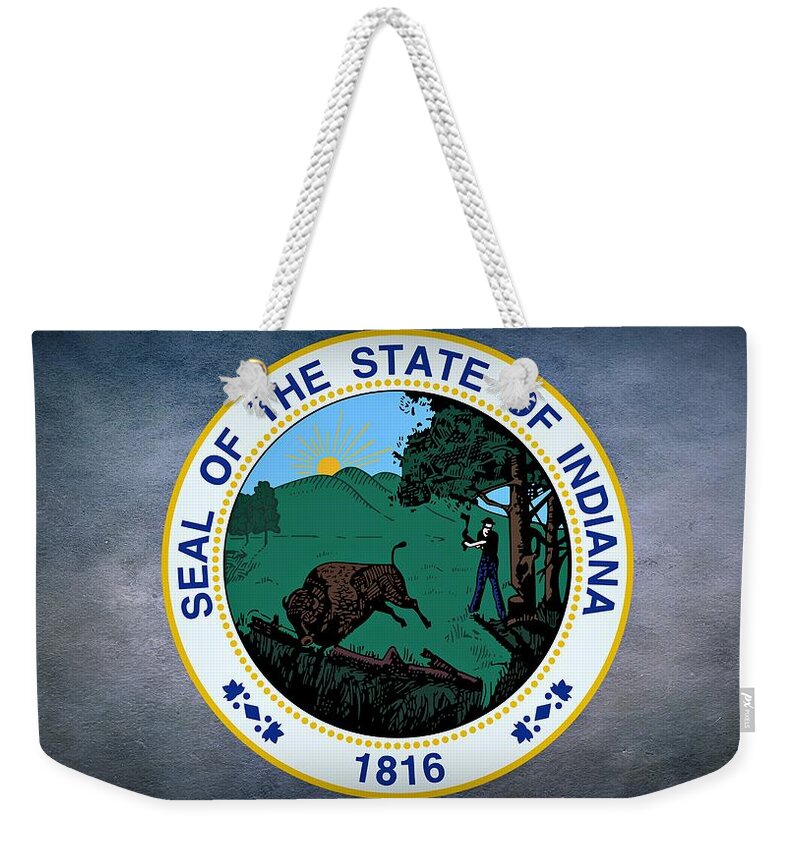 Indiana Weekender Tote Bag featuring the photograph The Great Seal of the State of Indiana by Movie Poster Prints