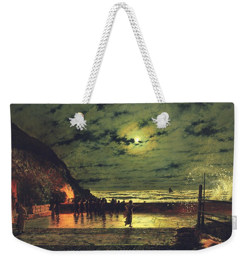 The Harbor Flare Weekender Tote Bag featuring the painting The Harbour Flare by John Atkinson Grimshaw