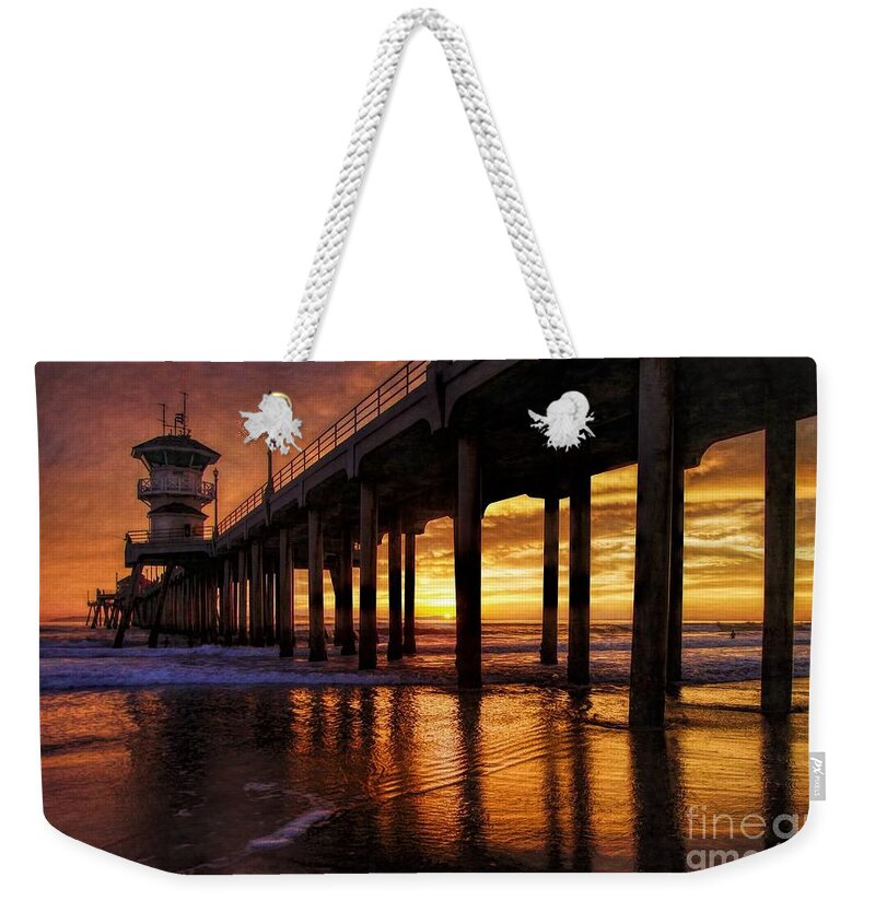 Huntington Beach Weekender Tote Bag featuring the photograph The Huntington Beach Pier by Peggy Hughes