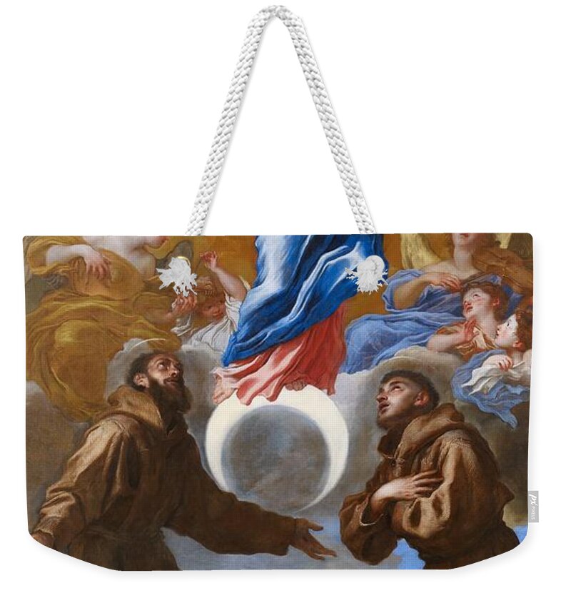 Saint Weekender Tote Bag featuring the painting The Immaculate Conception with Saints Francis of Assisi and Anthony of Padua by Il Grechetto