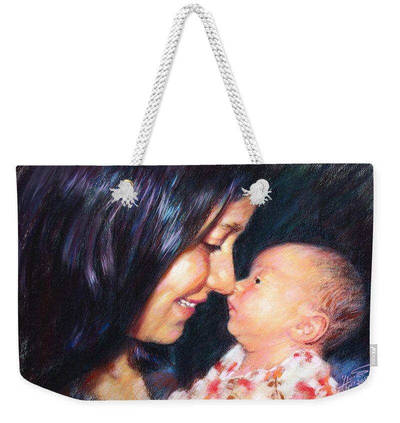 The Joy Weekender Tote Bag featuring the drawing The Joy of a Young Mother by Viola El