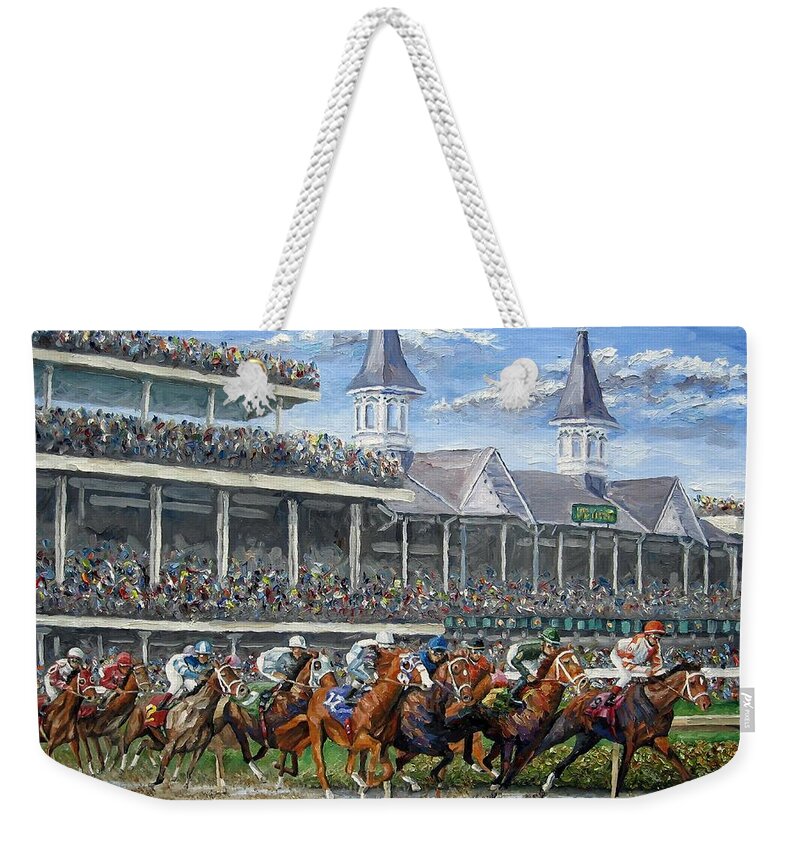 Kentucky Derby Weekender Tote Bag featuring the painting The Kentucky Derby - Churchill Downs by Mike Rabe