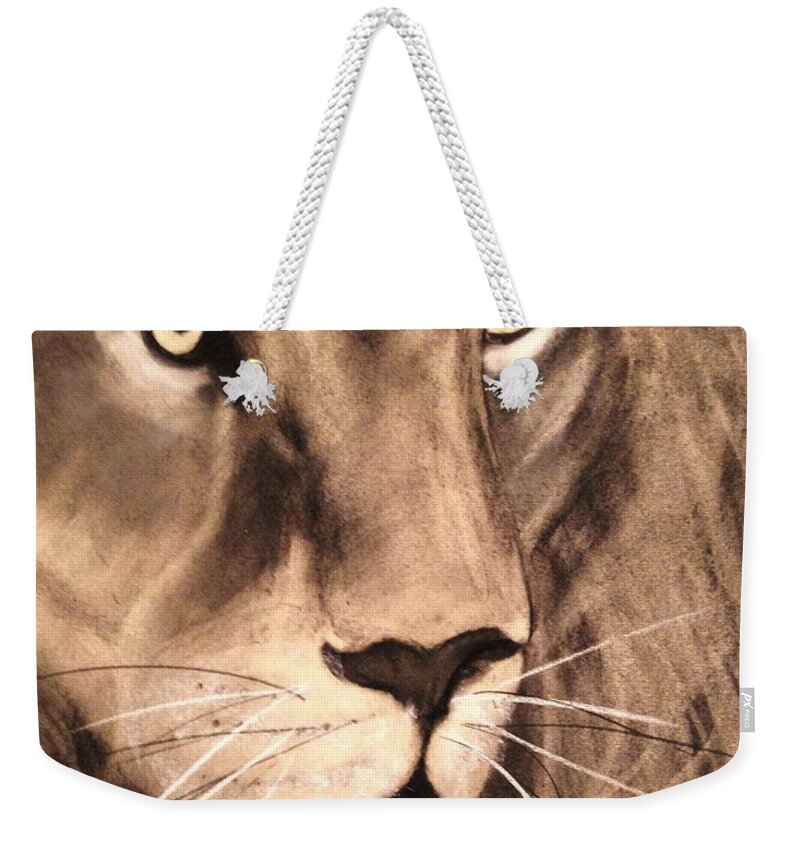 Lion Weekender Tote Bag featuring the drawing The King by Renee Michelle Wenker