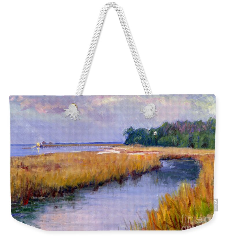 Marsh Weekender Tote Bag featuring the painting The Landing at Dusk by Candace Lovely
