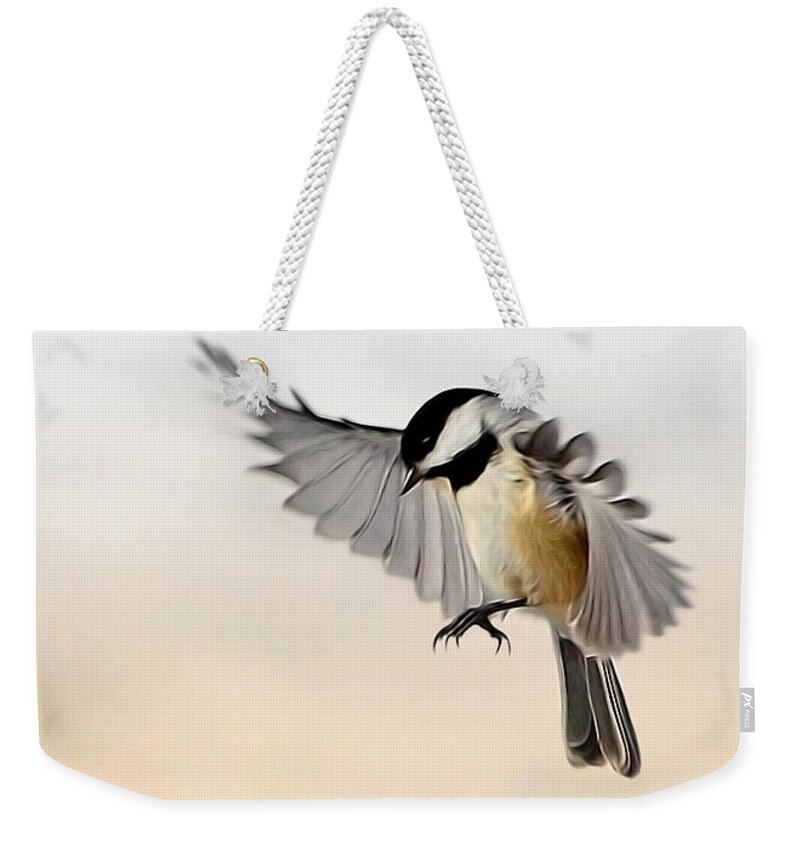 Chickadee Weekender Tote Bag featuring the photograph The landing by Bill Wakeley