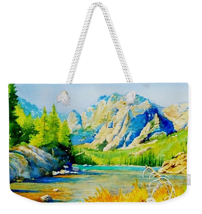 Landscape Of A Colorado Mountain River Scene. The Clear River Reflects The Yellow Weekender Tote Bag featuring the painting The Loch by Brenda Beck Fisher