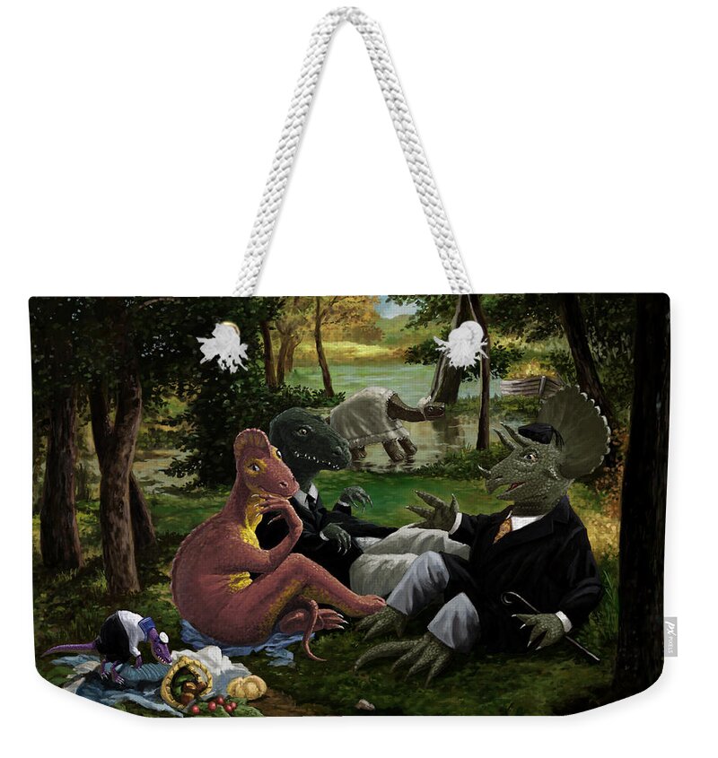 Dinosaur Weekender Tote Bag featuring the painting The Luncheon on the Grass with dinosaurs by Martin Davey