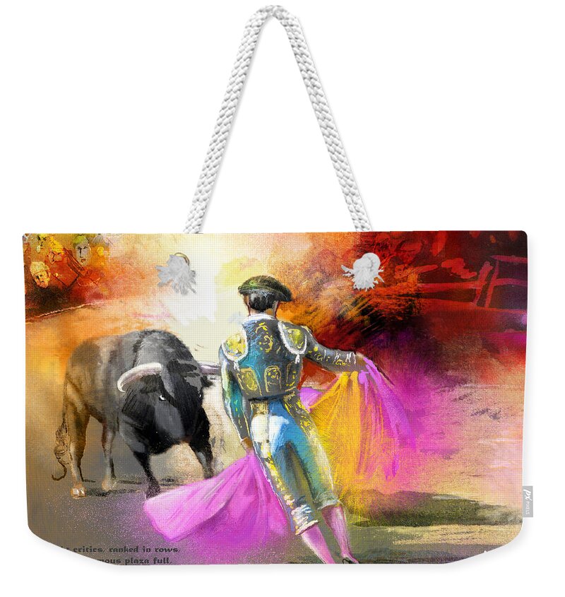 Bulls Weekender Tote Bag featuring the painting The Man Who Fights The Bull by Miki De Goodaboom