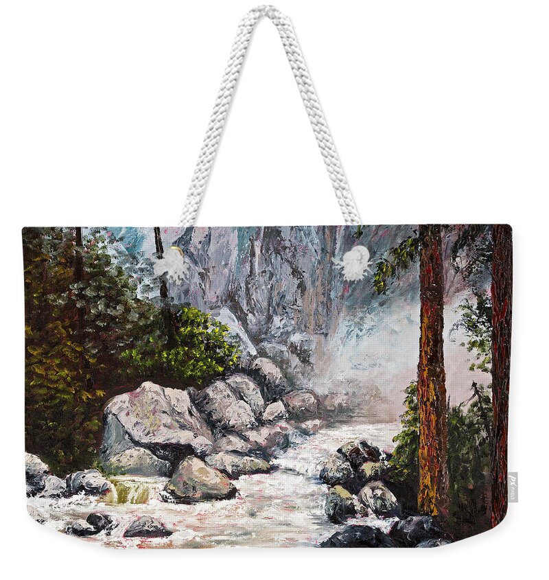 Landscape Weekender Tote Bag featuring the painting The Mist at Bridalveil Falls by Darice Machel McGuire