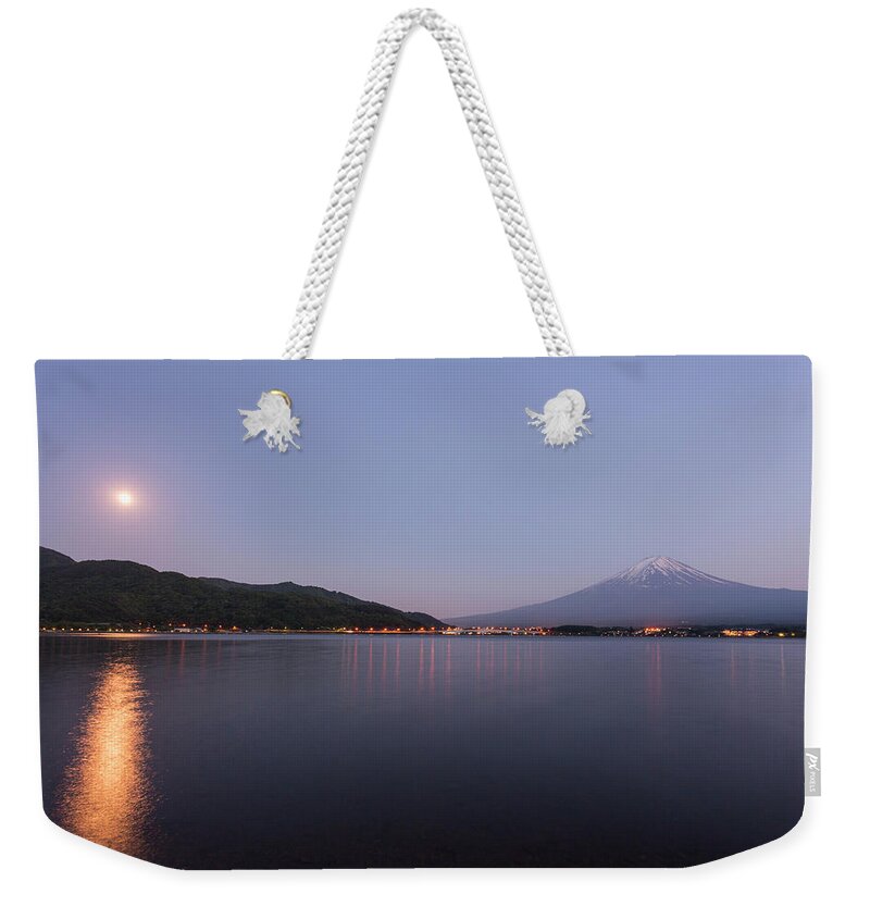 Tranquility Weekender Tote Bag featuring the photograph The Moon And Mt. Fuji, Kawaguchiko by Ultra.f