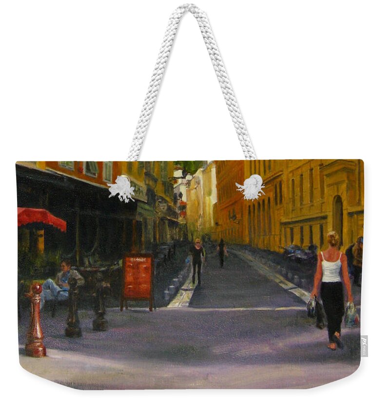 Nice Weekender Tote Bag featuring the painting The Morning's Shopping in Vieux Nice by Connie Schaertl