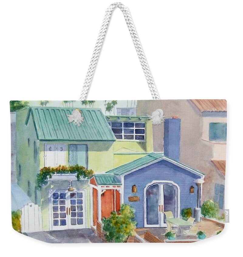 Belmont Shore Weekender Tote Bag featuring the painting The Most Colorful Home in Belmont Shore by Debbie Lewis
