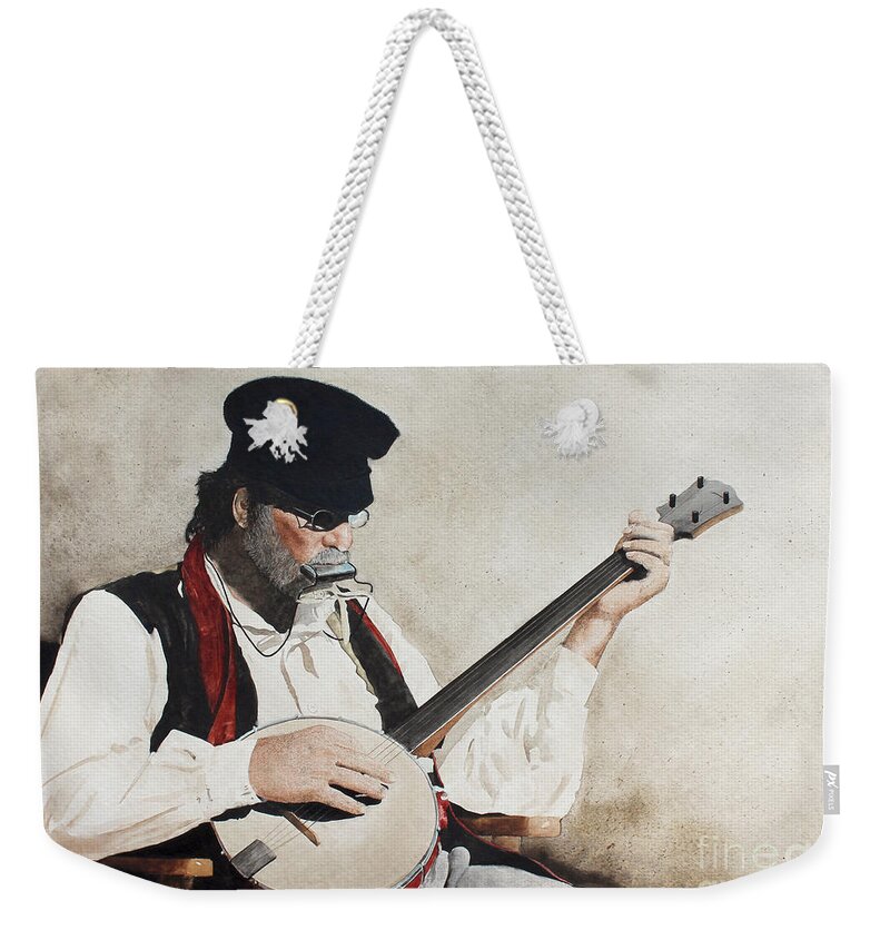 A Civil War Re-enactor Plays A Harmonica Weekender Tote Bag featuring the painting The Music Man by Monte Toon