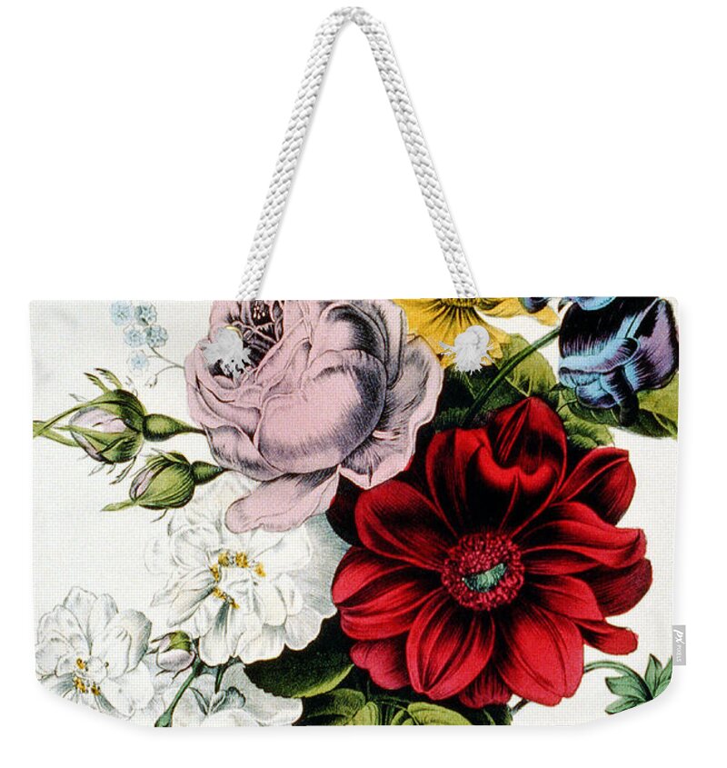 The Nosegay Weekender Tote Bag featuring the digital art The Nosegay by Currier and Ives