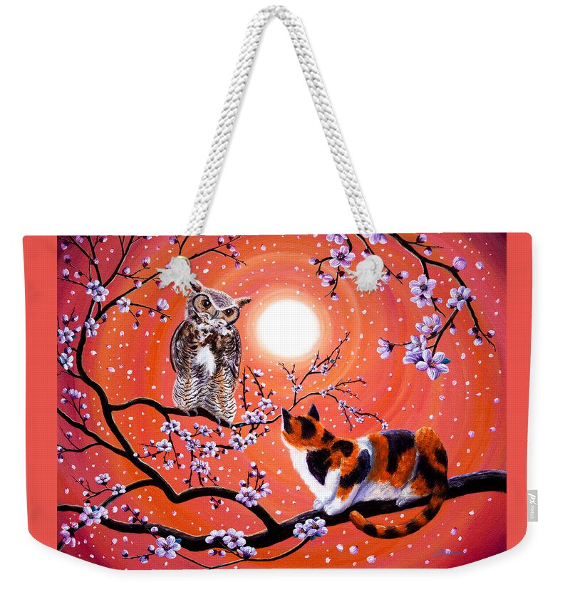 Peach Weekender Tote Bag featuring the painting The Owl and the Pussycat in Peach Blossoms by Laura Iverson