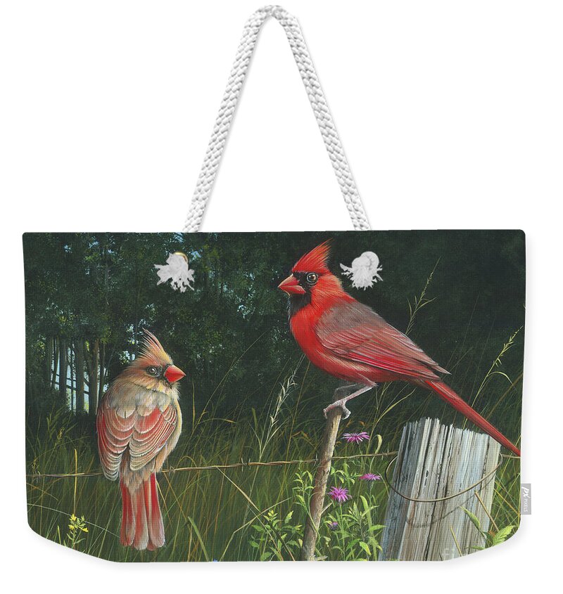 Cardinals Weekender Tote Bag featuring the painting The Perfect Match by Mike Brown