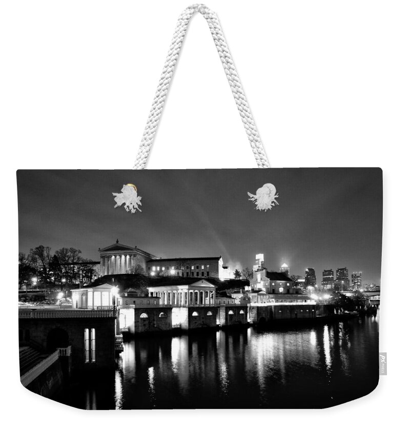 Philadelphia Weekender Tote Bag featuring the photograph The Philadelphia Waterworks in Black and White by Bill Cannon