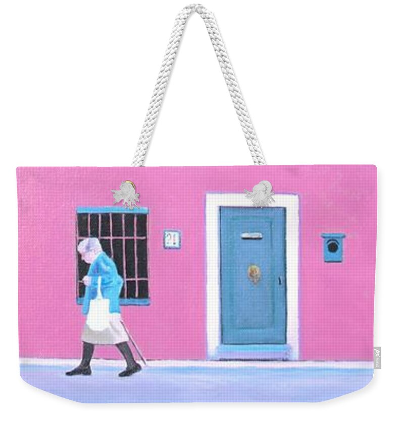 Pink House Weekender Tote Bag featuring the painting The Pink House with green shutters by Jan Matson