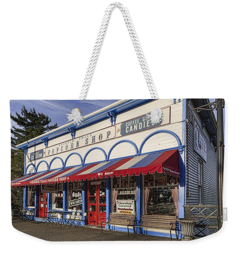 Chagrin Falls Weekender Tote Bag featuring the photograph The Popcorn Shop by Dale Kincaid