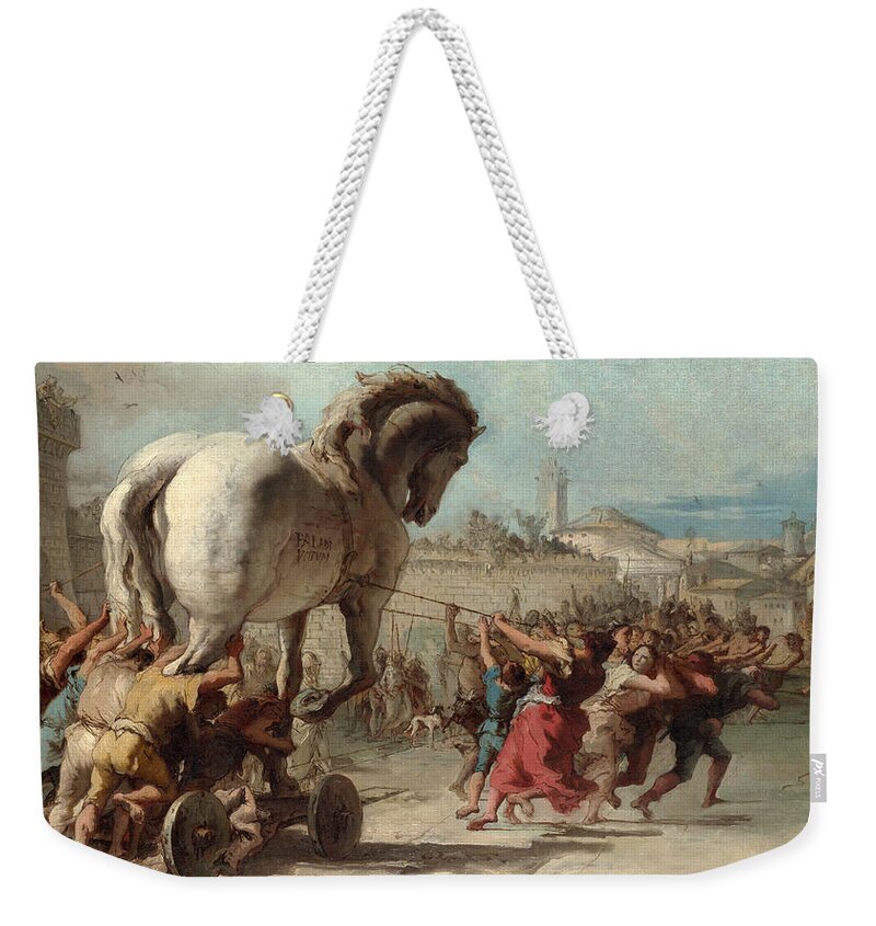 Giovanni Domenico Tiepolo Weekender Tote Bag featuring the painting The Procession of the Trojan Horse into Troy by Giovanni Domenico Tiepolo