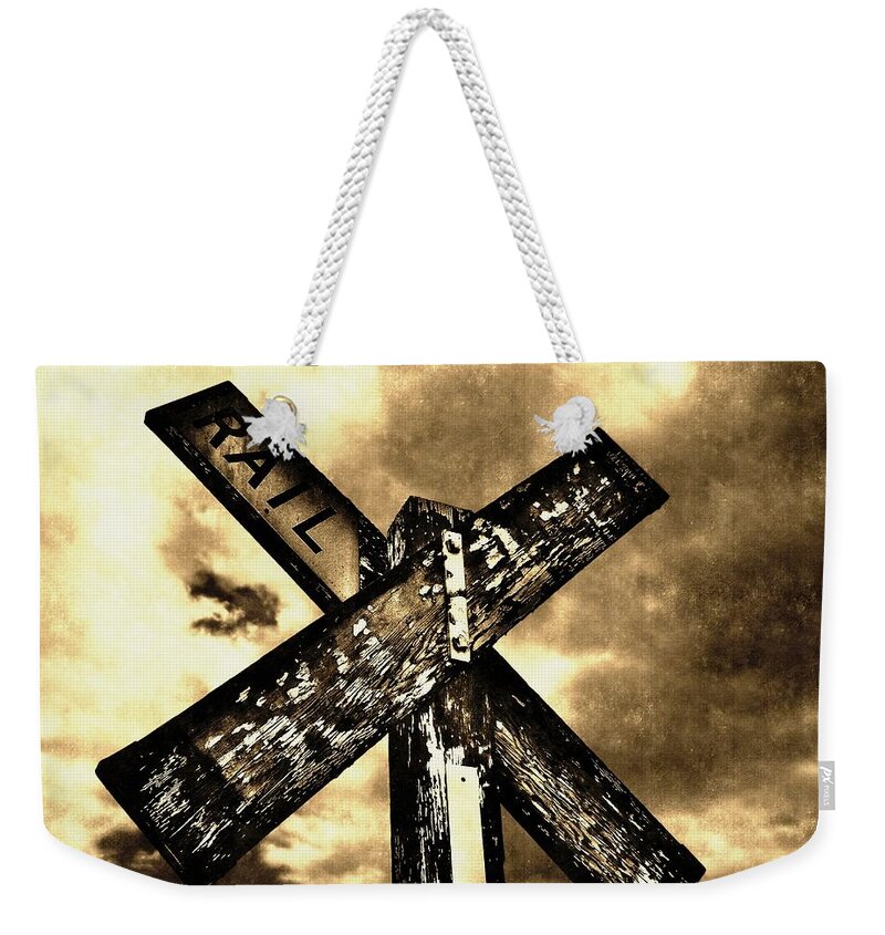 Railroad Sign Weekender Tote Bag featuring the photograph The Railroad Crossing by Glenn McCarthy Art and Photography