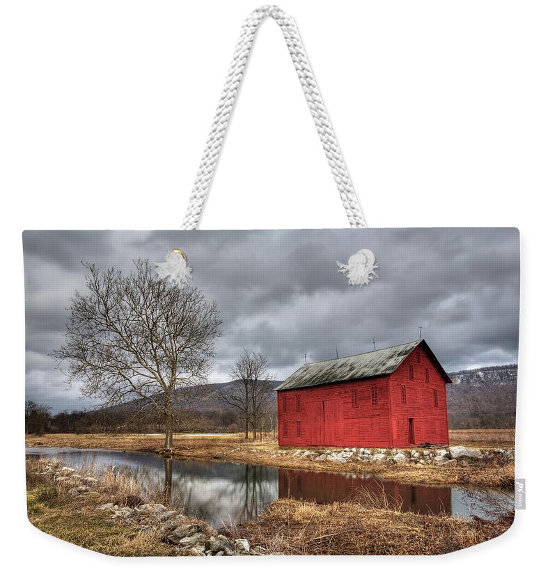 Tranquility Weekender Tote Bag featuring the photograph The Red Barn By Stream by Julie Thurston