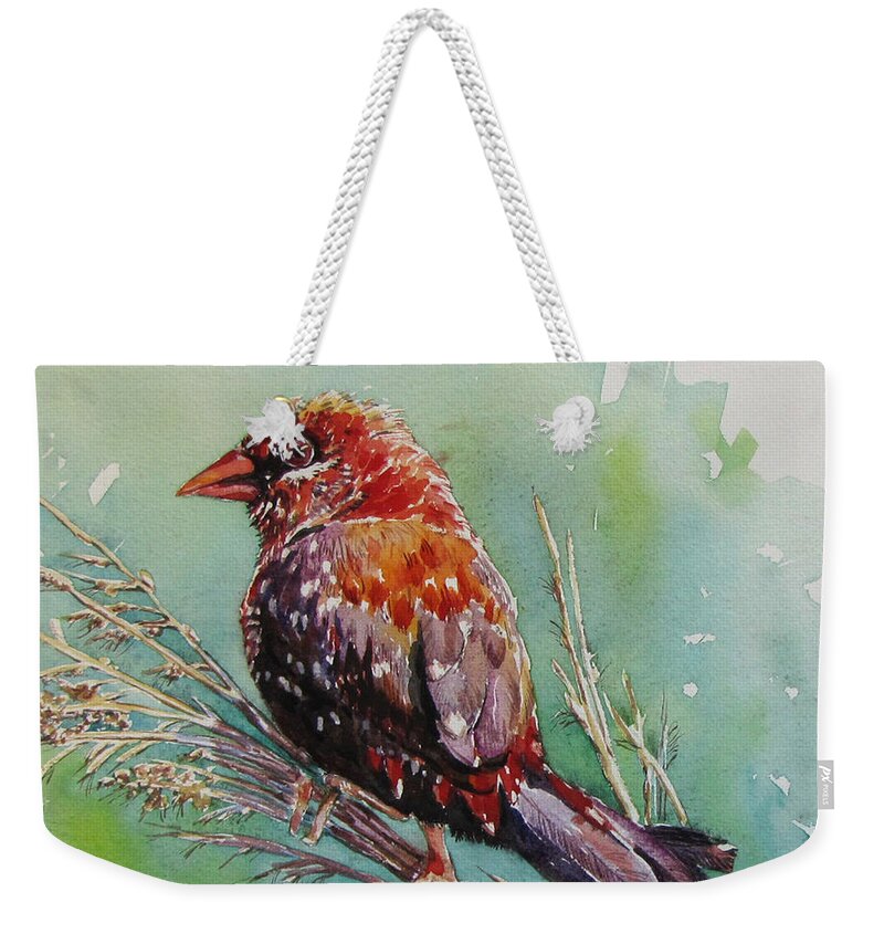 Bird Weekender Tote Bag featuring the painting The Red Bird by Jyotika Shroff
