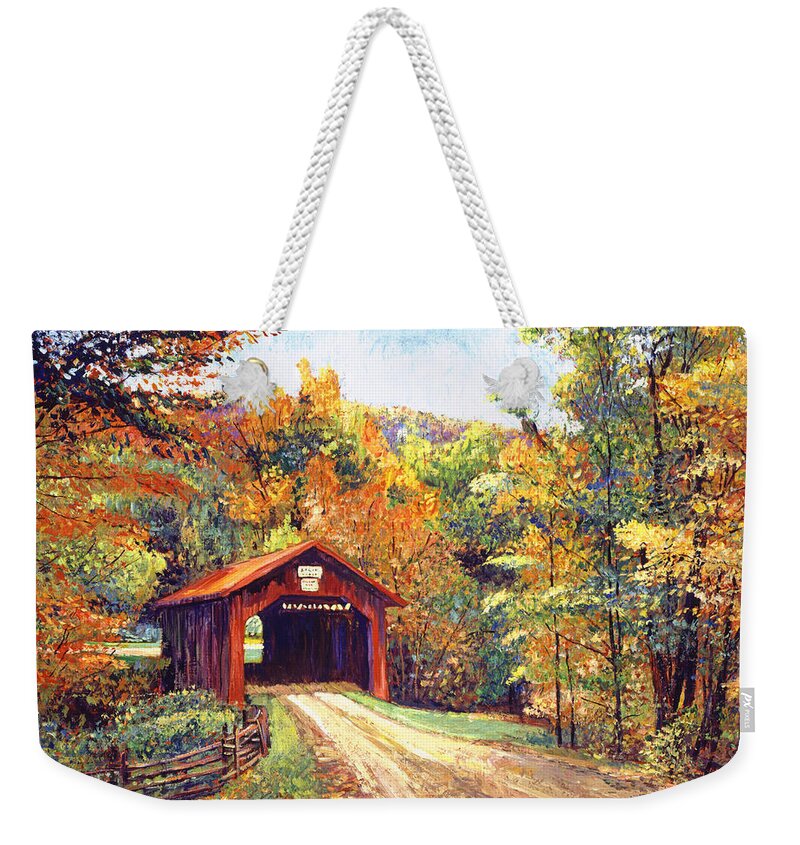 #faatoppicks Weekender Tote Bag featuring the painting The Red Covered Bridge by David Lloyd Glover