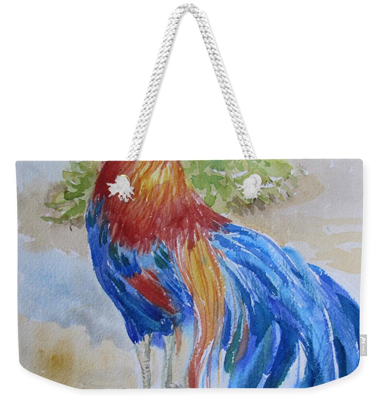 Rooster Weekender Tote Bag featuring the painting Long Tail Rooster by Jyotika Shroff