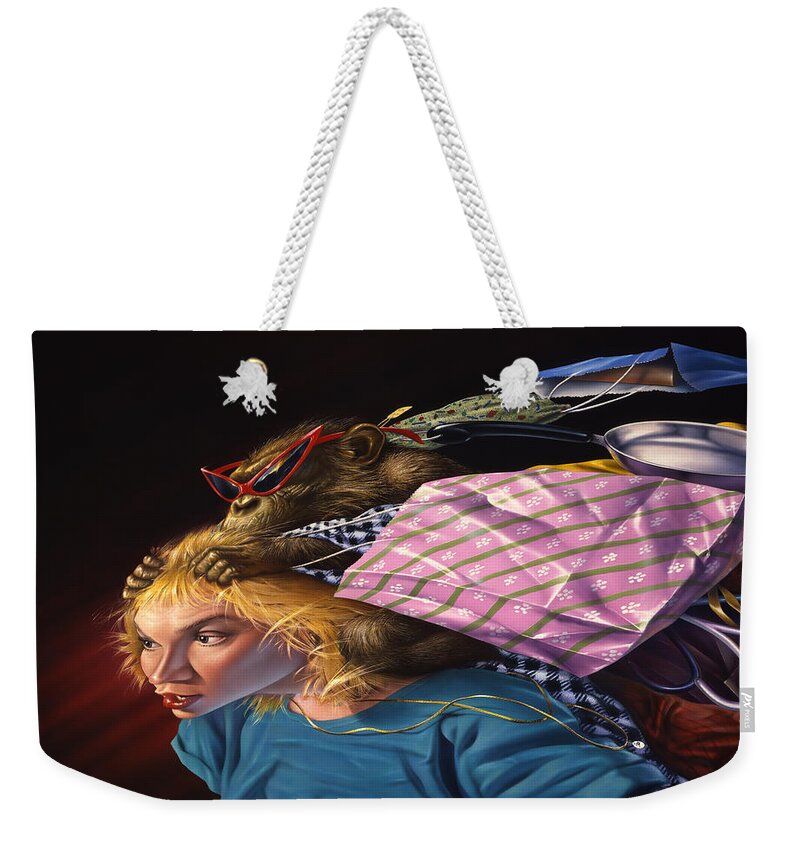Monkey Weekender Tote Bag featuring the painting The Shopping Monkey by Mark Fredrickson