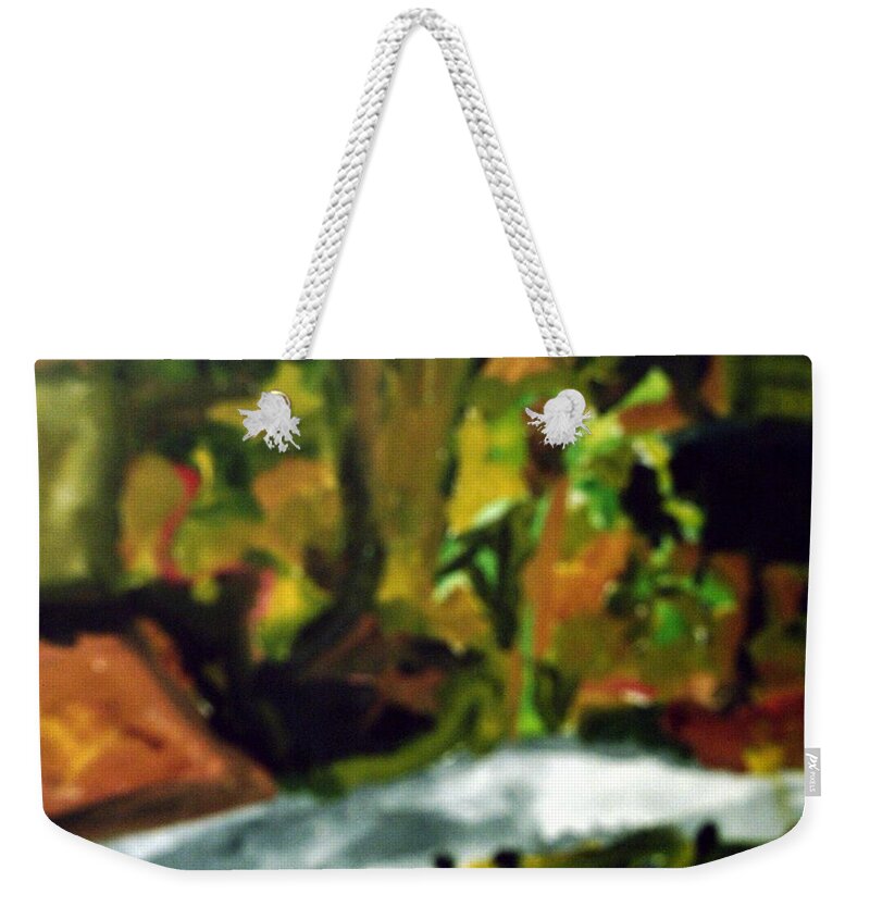 Green Weekender Tote Bag featuring the painting The Sidewalk by Shea Holliman