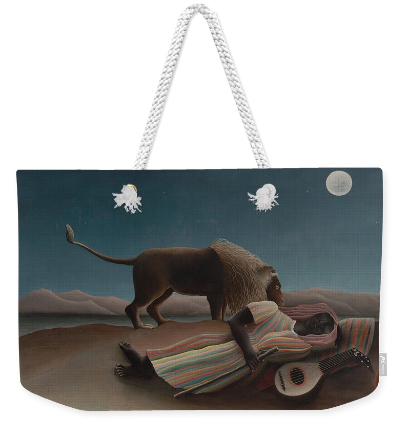Henri Rousseau Weekender Tote Bag featuring the painting The Sleeping Gypsy by Henri Rousseau