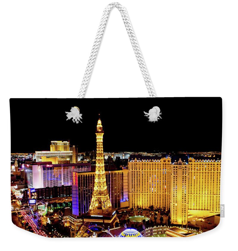 Las Vegas Replica Eiffel Tower Weekender Tote Bag featuring the photograph The Strip At Night, Las Vegas, Nevada by Cultura Rm Exclusive/photostock-israel