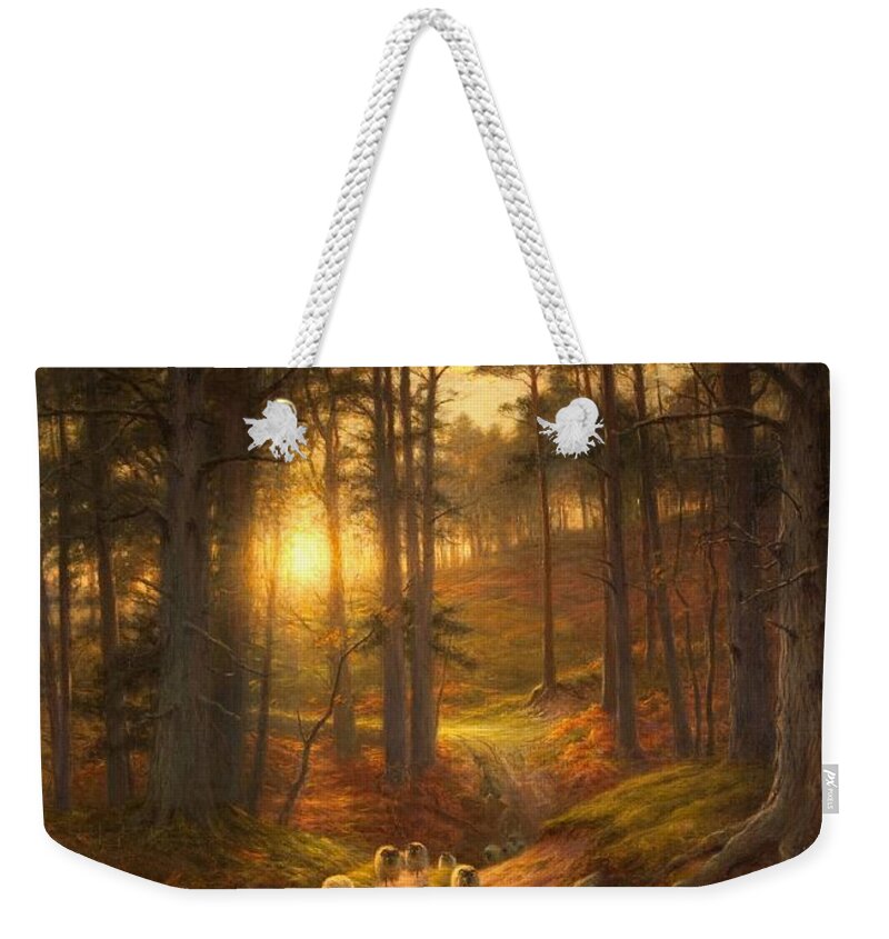Woods Weekender Tote Bag featuring the painting The Sun Fast Sinks In The West by Joseph Farquharson