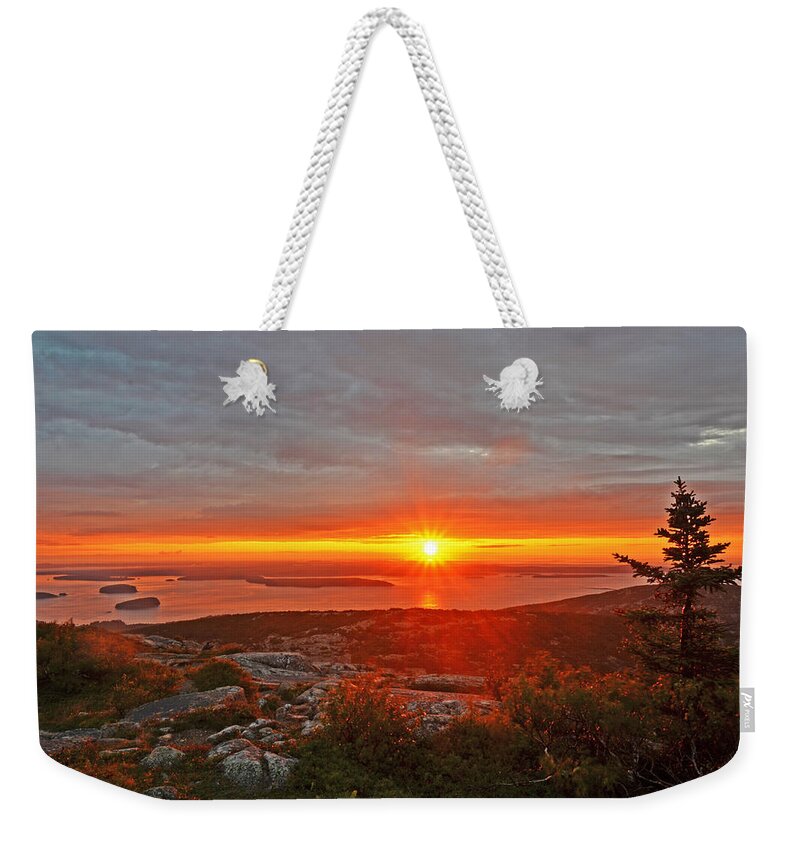 Mount Desert Island Weekender Tote Bag featuring the photograph The sunrise from Cadillac Mountain in Acadia National Park by Toby McGuire