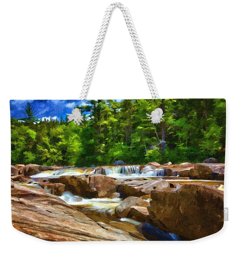 Kancamagus Scenic Byway Weekender Tote Bag featuring the painting The Swift River Beside the Kancamagus Scenic Byway in New Hampshire by John Haldane