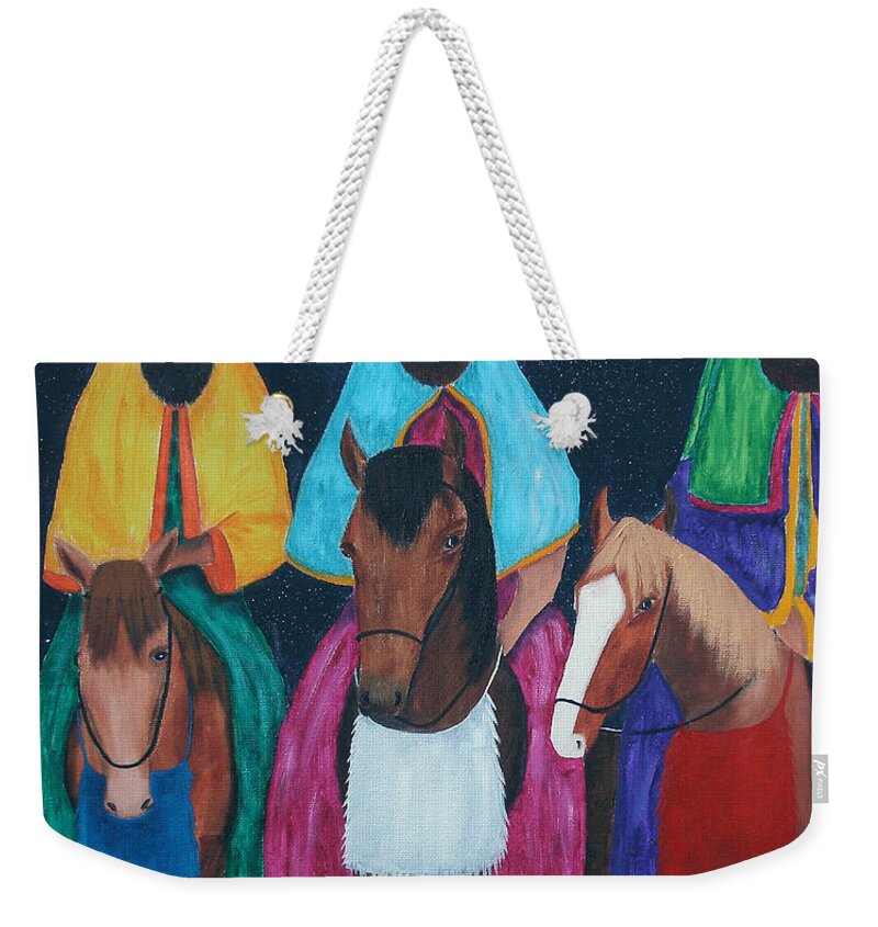 Three Kings Weekender Tote Bag featuring the painting The Three Kings by Gloria E Barreto-Rodriguez