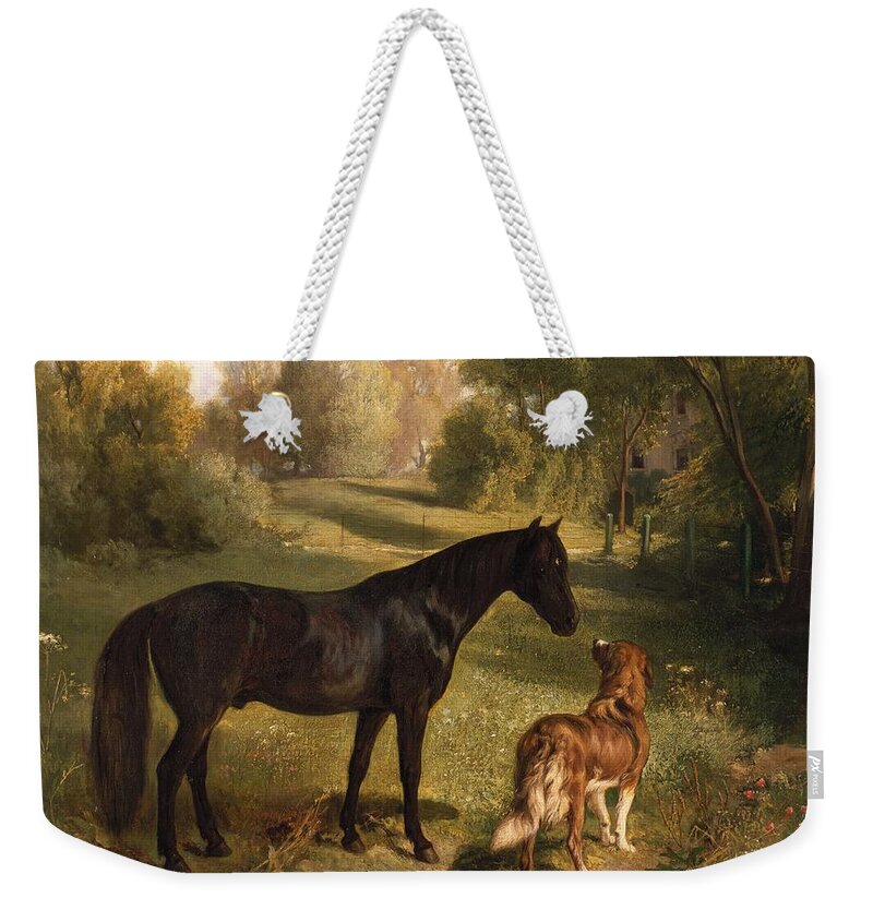 Black Horse Weekender Tote Bag featuring the painting The two friends by Adam Benno