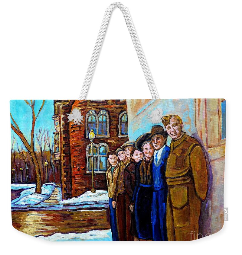 Canadian Art Weekender Tote Bag featuring the painting The War Years 1942 Montreal St Mathieu And De Maisonneuve Street Scene Canadian Art Carole Spandau by Carole Spandau