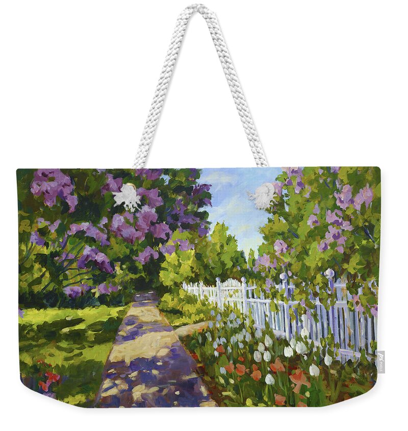 Tulips Weekender Tote Bag featuring the painting The White Fence by Ingrid Dohm