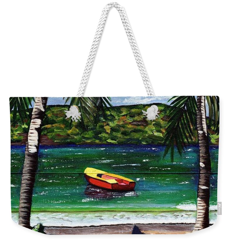 Seascape Weekender Tote Bag featuring the painting The Yellow and Red Boat by Laura Forde