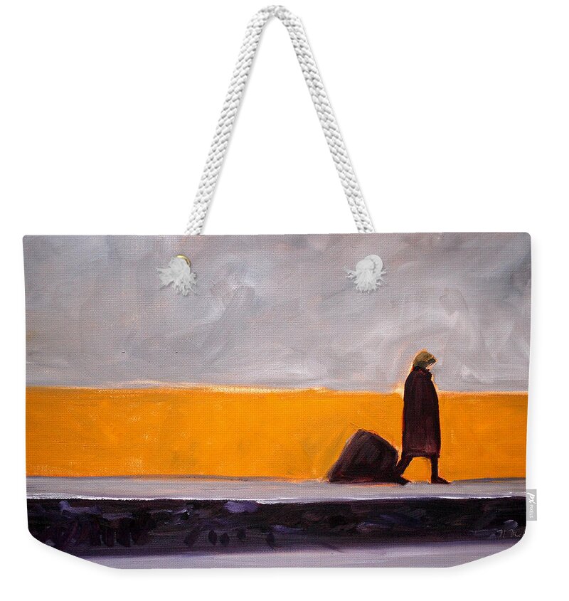 Abstract Weekender Tote Bag featuring the painting The Yellow Wall by Nancy Merkle