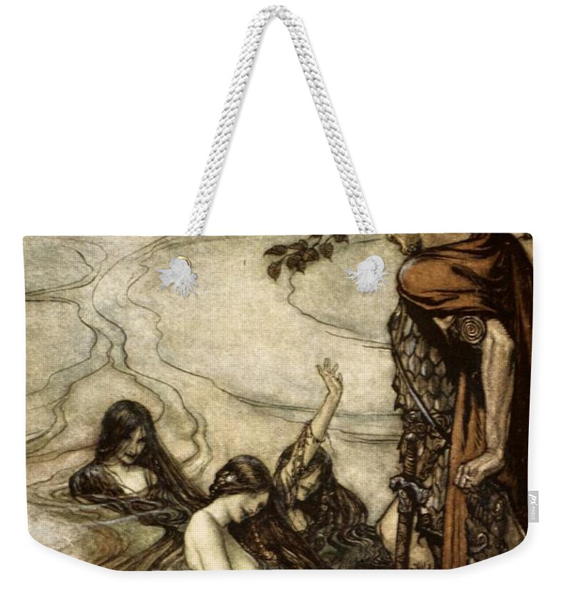 Der Ring Des Nibelungen Weekender Tote Bag featuring the drawing Though Gaily Ye May Laugh, In Grief Ye by Arthur Rackham